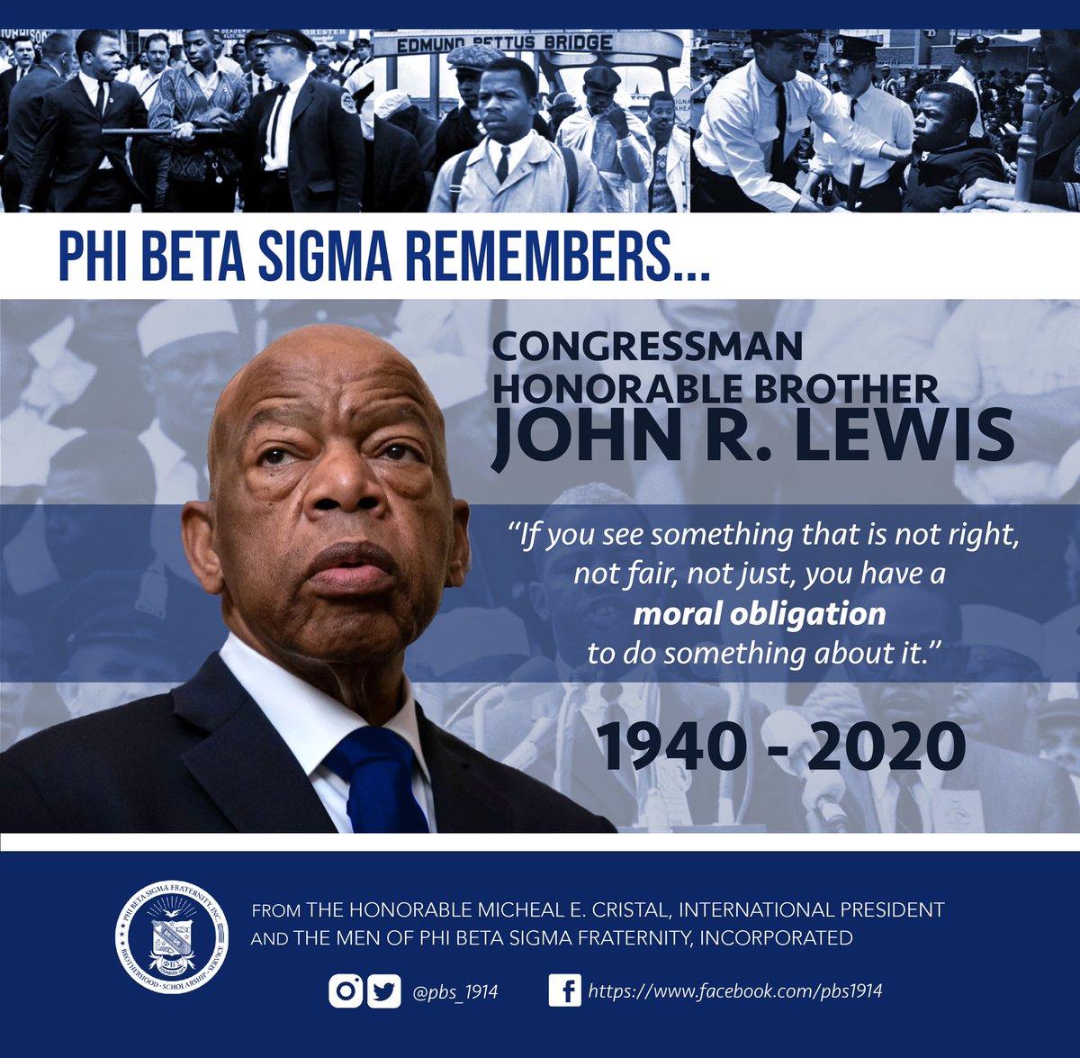 pbs_1914's tweet photo. Phi Beta Sigma mourns the loss of civil rights icon Honorable Bro. @repjohnlewis, Congressman (Georgia) and  lead figure of the Civil Rights Movement. The Men of Sigma vow to continue your work for #justice and #equality! #pbs106 #pbs1914 https://t.co/9ZavsR2IVs