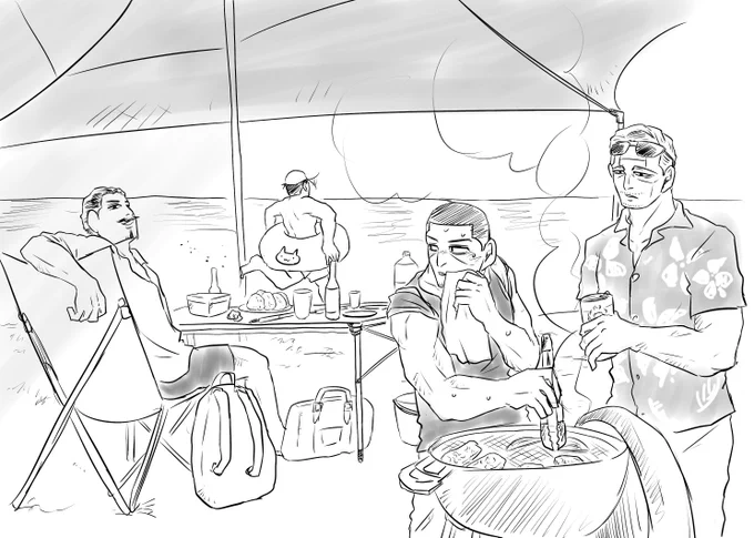 #ゴールデンカムイ版深夜の真剣お絵描き60分一本勝負 
【お題 】海、川、湖(本誌可)

海辺でバーベキュー誘拐組 