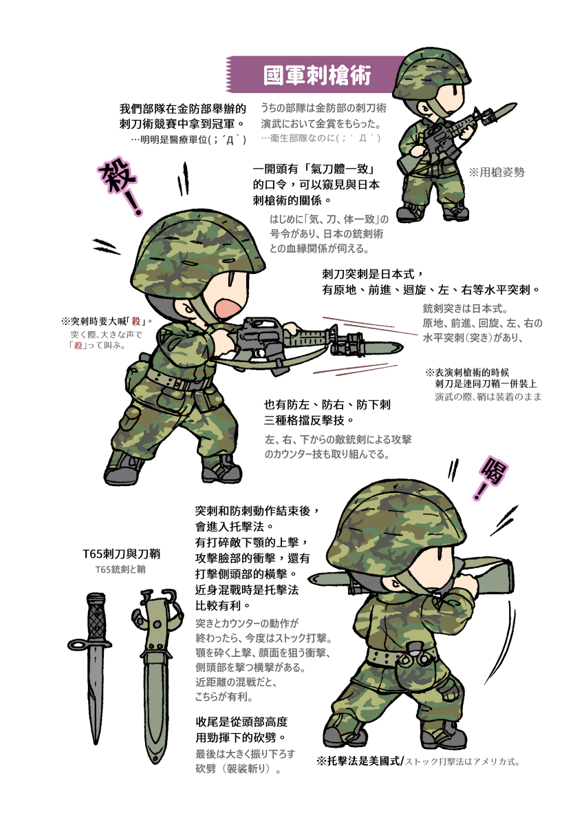 実戦部隊の際の銃剣術。まあ…どちらかというと演武の成分が強いかな…義務兵の銃剣術は。実戦向けの銃剣訓練を受けた士官長のものと比べたら(;'∀')機会があればまた紹介します。