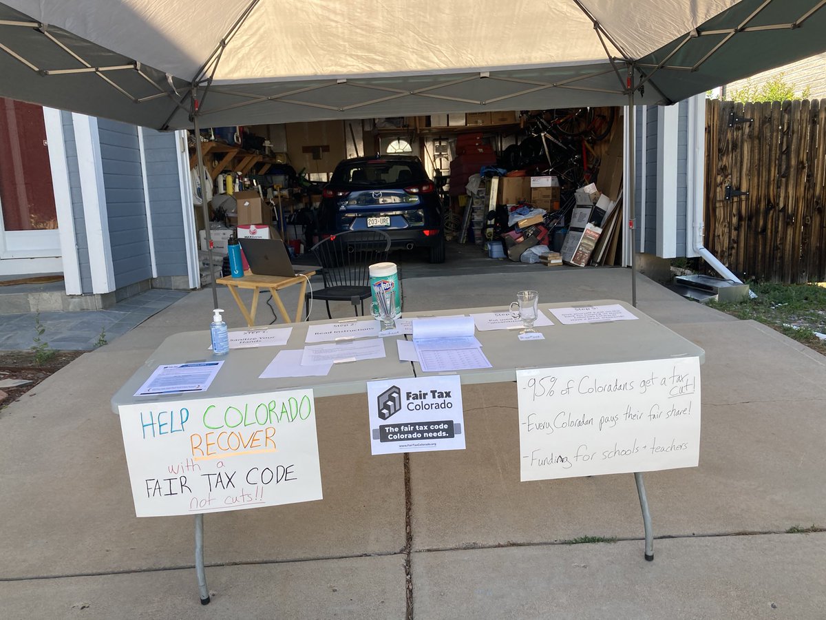 policyfox's tweet photo. Set up here with social distant signing station for Fair Tax Saturday 8-11am. Find where to sign near you or DM me.  @FairTaxColorado https://t.co/m2pVoerYKT https://t.co/DYfMa9ds9f