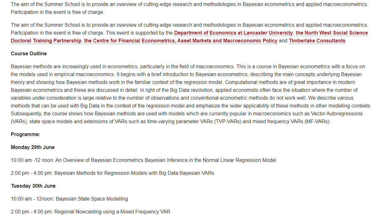 Alessia_metrics's tweet photo. If you missed Bayesian Summer School .@LancasterUni  given by Prof. Gary Koop, here the recorded videos!
Enjoy!👉
#Econometrics #BayesianEconometrics #Bayesian 
https://t.co/2VVXVa5SAb https://t.co/m8NPyL2O8e
