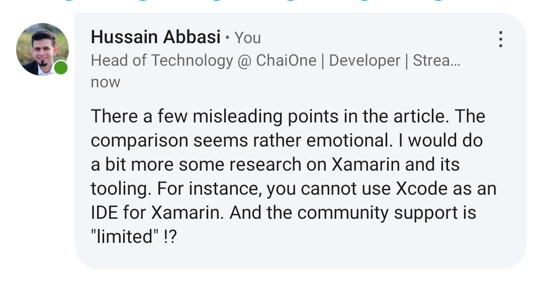 HussainNAbbasi's tweet photo. 🤦‍♂️Read a blog post from a company "Expert" comparing #Flutter and #Xamarin. A lot of misinformation, I just had to point it out to the author so they can maybe do bit more research and revise!? https://t.co/W6FS9px7am