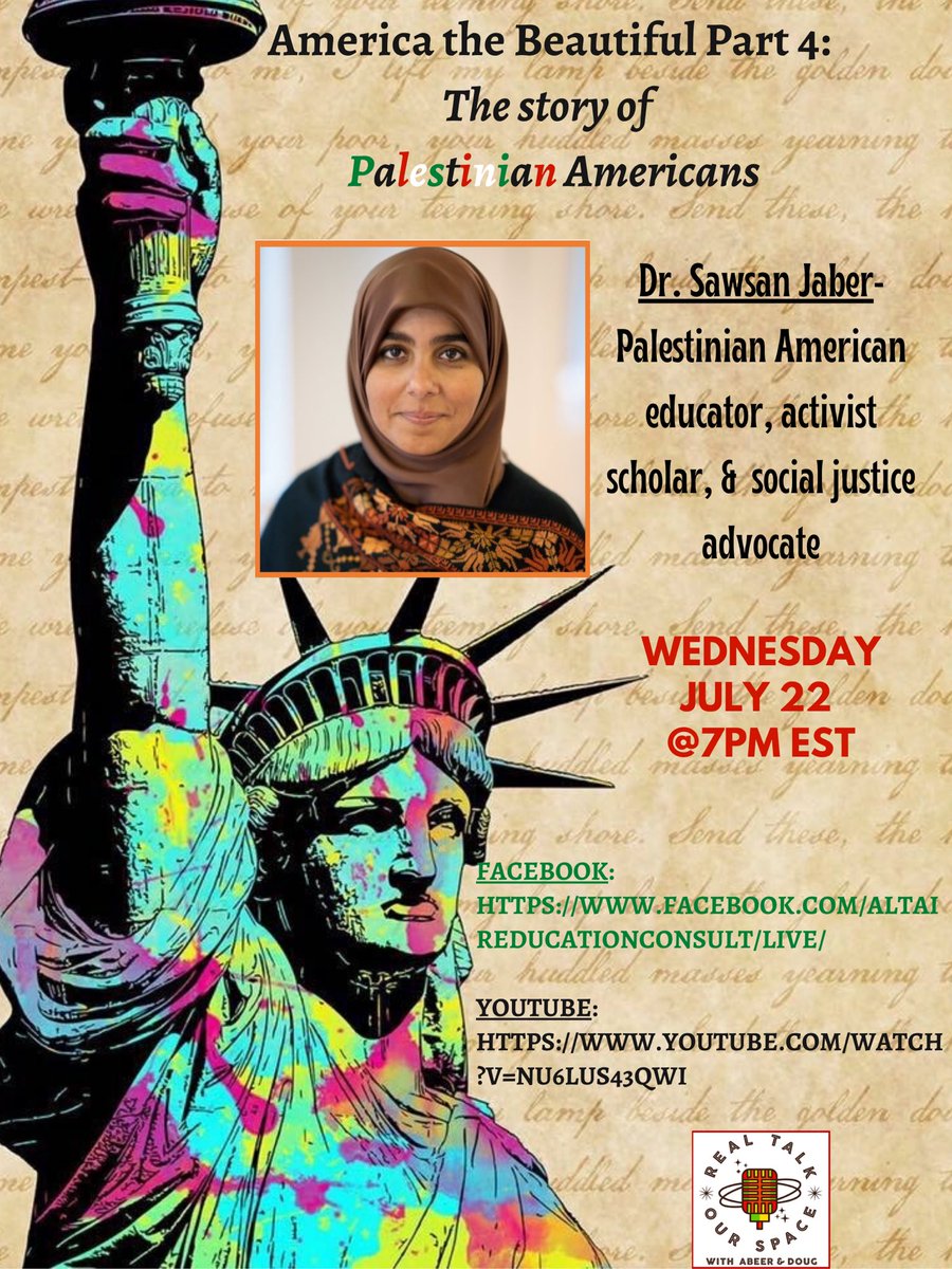 shinram1's tweet photo. Real Talk: Our Space proud have @SJEducate as our guest Wed 7/22 @7pm Tune in learn about Palestinian Americans &amp; her work on Arab/Amer Ss (Chi twn In the House!!) @dhandyBCPS @EducatorsArab #palipride @sheldoneakins @mcpsequityteam @TchKimPossible @RadioMirage https://t.co/8Csu74S61O