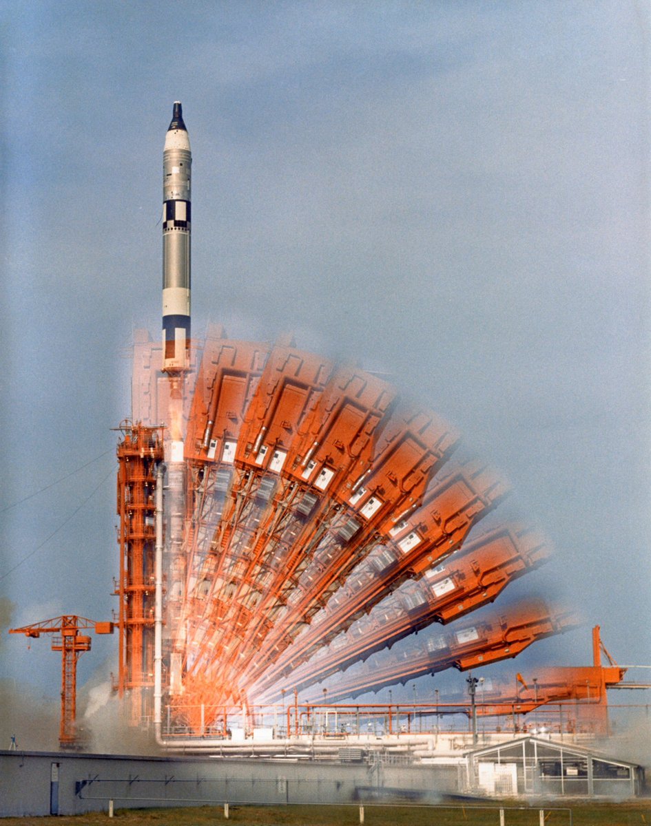 Liftoff seen here in a multiple exposure picture. The launch tower was lowered before liftoff. It didn’t fall away at launch.