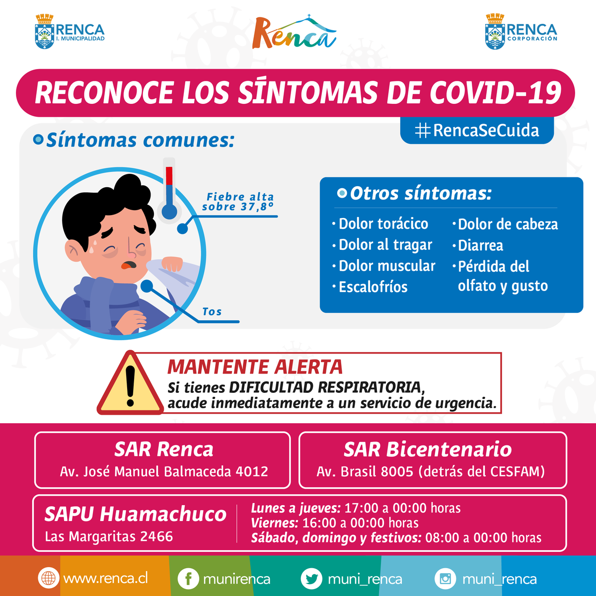 Uživatel Municipalidad Renca na Twitteru: „Los síntomas del COVID-19 pueden  ser varios. ¡Aprende a reconocerlos! Si necesitas orientación antes de  acudir a un centro de salud, puedes consultarnos en Renca Responde Salud. #