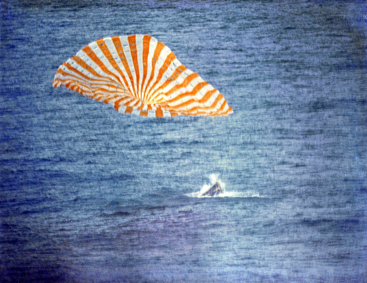 After completing EVAs and maneuvers with the Agena, Gemini X re-entered earth’s atmosphere and splashed down east of the Bahamas. The crew and capsule were recovered by helicopters from the USS Guadalcanal. Splashdown is pictured here. Pic-  @NASA