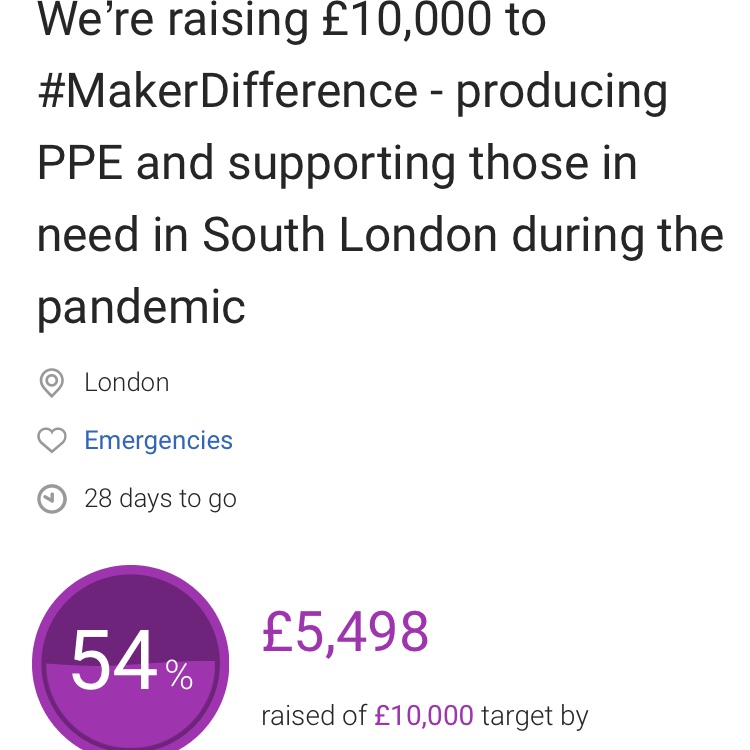 We have just upped our game and are now looking to fundraise £10000 towards making masks and other PPE for our local communities. 

So far we have donated over 1000 masks and 800 face shields and over 30 volunteers donated over 1200 hours of their time. 

justgiving.com/crowdfunding/m…