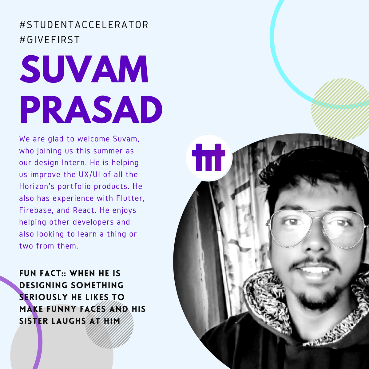 HorizonTech_dev's tweet photo. It's official !! Suvam joined us as a design intern this summer with us. He is our very first intern on the design team. He will be advising and improving the UI/UX aspect of Horizon's products. #studentaccelerator #internships #givefirst #learningbybuilding https://t.co/XXlJbbKWCA