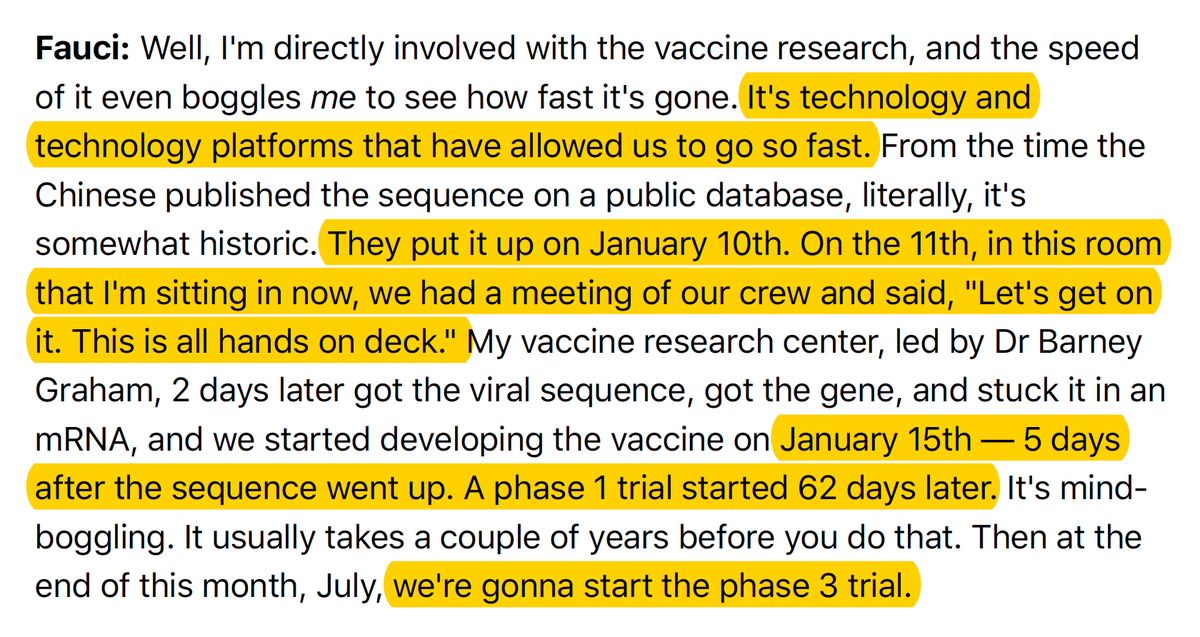 7. It took 5 days from the sequence of  #SARSCoV2 to Fauci's team to get the start on a vaccine, 62 days to get Phase 1 clinical trial started (That is simply incredible)