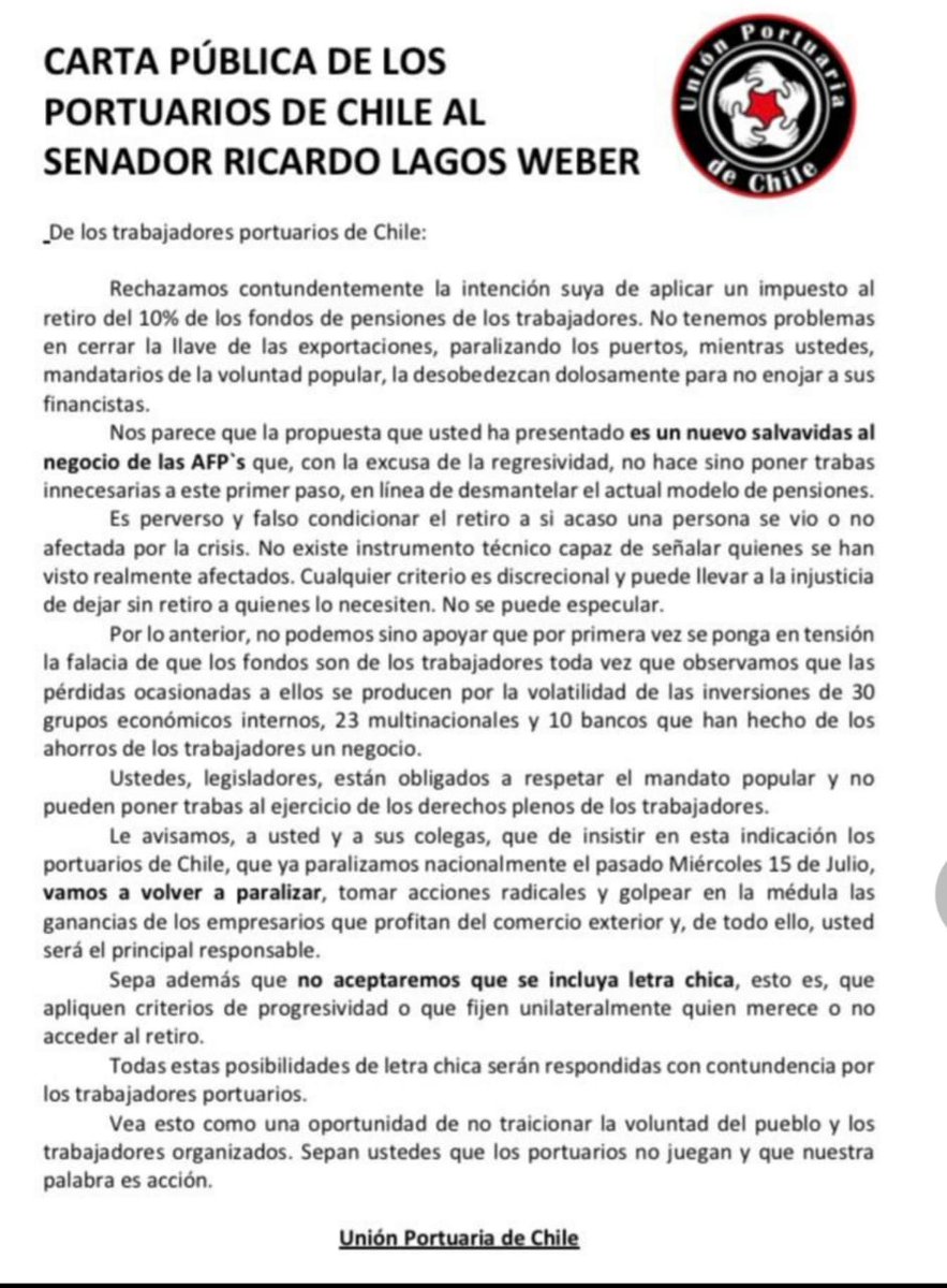 Ha llegado carta ¿Para quién?, para el senador Ricardo Lagos Weber.
Carta Pública de los Trabajadores Portuarios de Chile dirigida a senador, tras buscar poner letra chica al retiro del 10% de las AFP.