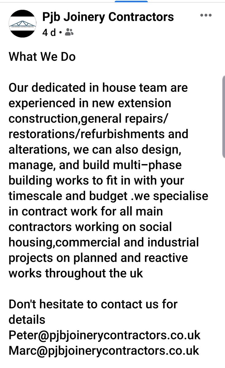 facebook.com/marc.courtney.…

Follow us on Facebook 
Email for any enquiries 
Peter@pjbjoinerycontractors.co.uk 
Marc@pjbjoinerycontractors.co.uk