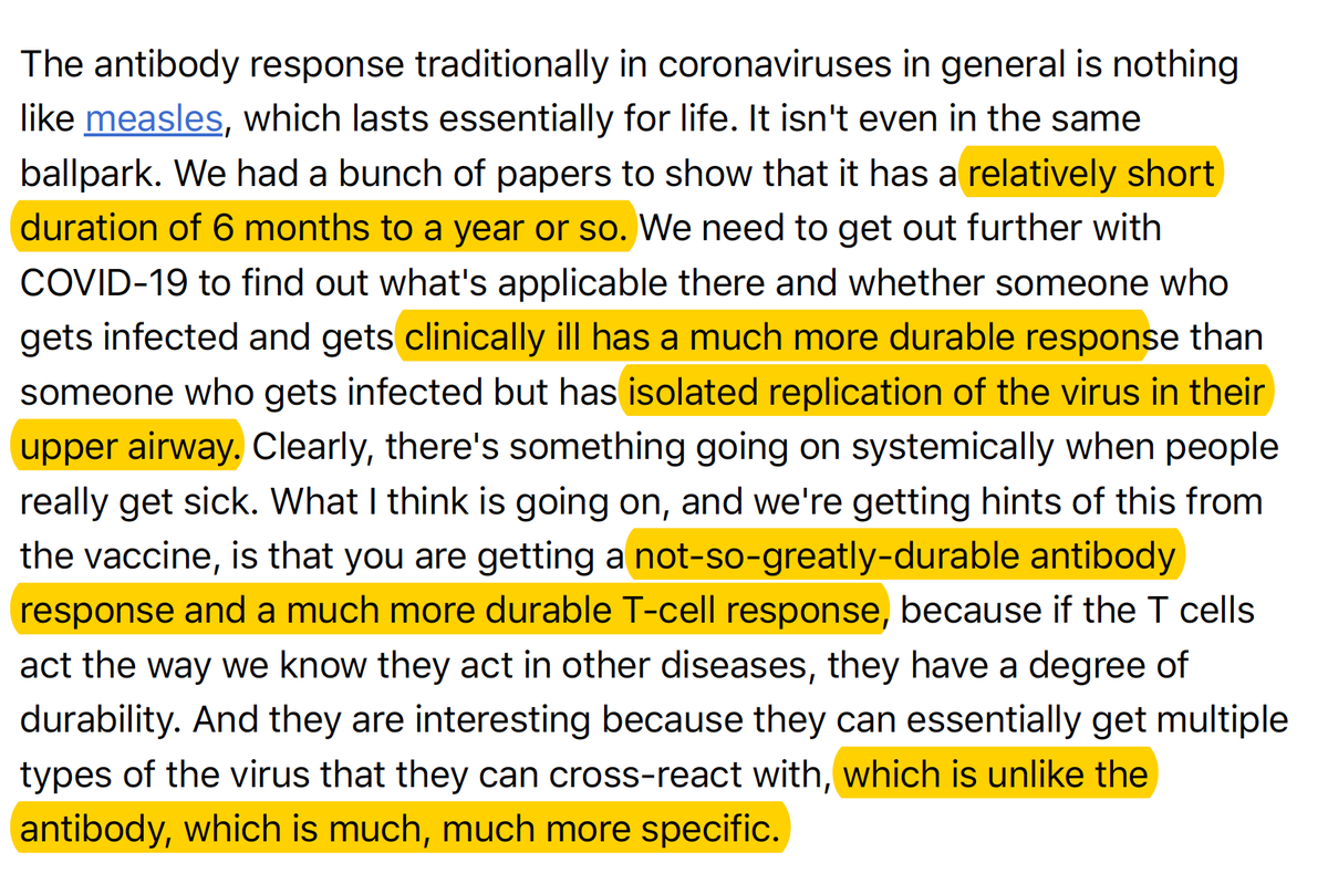 8. What about short-lived antibodies to the virus and the role of T cells? #SARSCoV2 is like SARS with a significant and enduring T cell response. We shouldn't be worried about the IgG antibody waning report that got a lot of buzz this week.