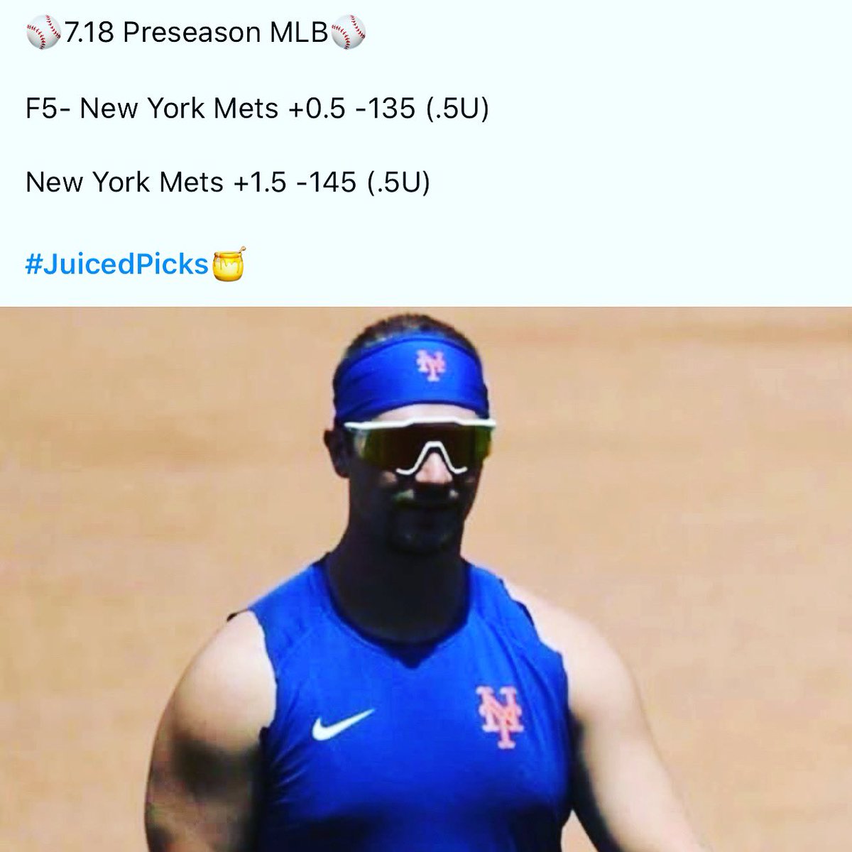 Juiced_Sports's tweet photo. ⚾️7.18 Preseason MLB⚾️

F5- New York Mets +0.5 -135 (.5U)

New York Mets +1.5 -145 (.5U)

#JuicedPicks🍯 https://t.co/VNUM435Q1A