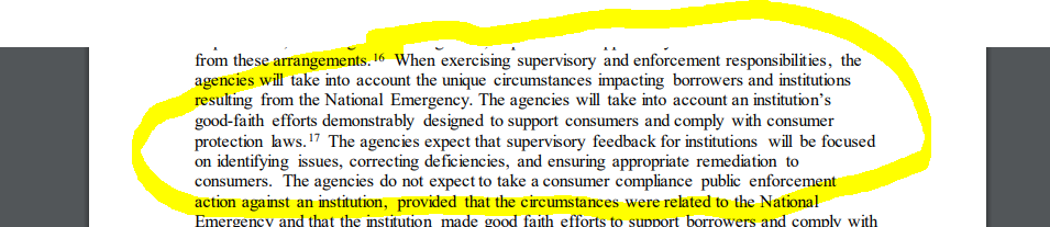 April 7, re-issues interagency guidance, affirming a go-easy approach on consumer protection & fair lending supervision & enforcement.  https://files.consumerfinance.gov/f/documents/cfpb_interagency-statement_loan-modifications-reporting-covid-19_2020-04.pdf