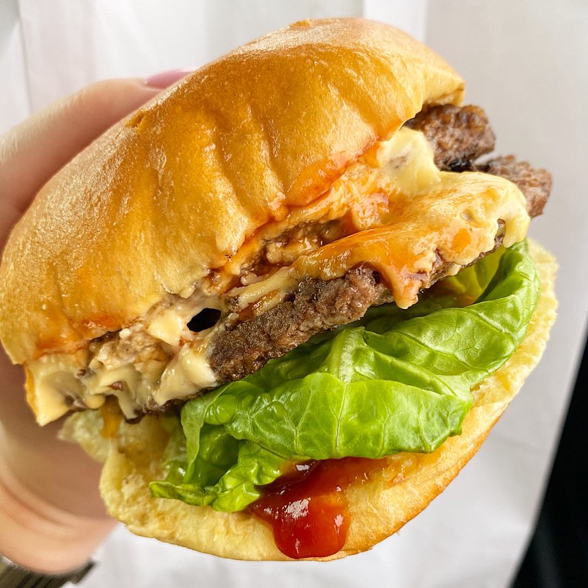 The Joe Sweet Cheesus Burger from <a href="/BurgerJoe5/">Burger Joe</a> Double patty, crispy bacon, double cheese, gem, bbq sauce &amp; cheese sauce. Available for takeaway or delivery from their Moreton store and dine in at <a href="/MarineStreetSoc/">Marine Street Social</a>