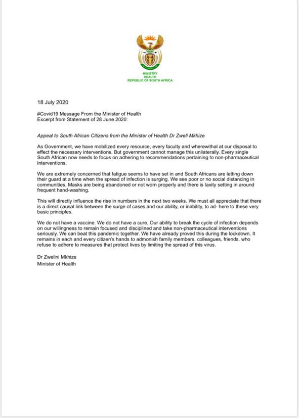 This is an urgent and important plea to all South Africans. The fight against #COVID19 is in our hands. We must act now.