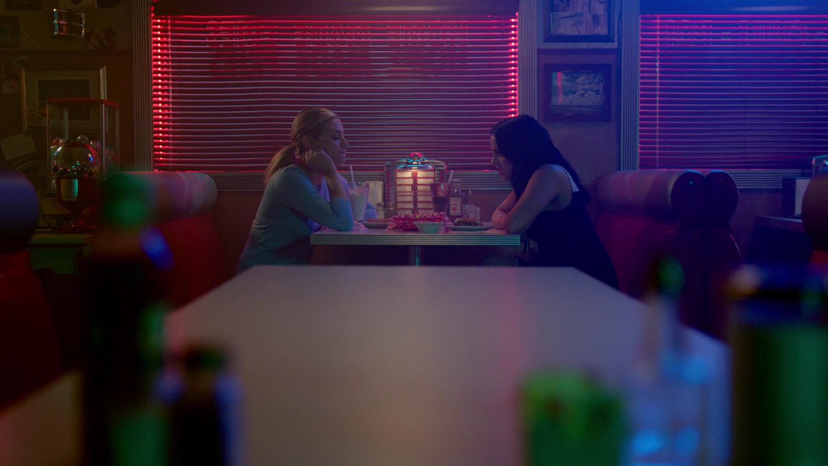 and in the same episode, betty and veronica have the light/dark pairing (with their clothing AND milkshakes) twice, which really emphasizes the importance of the symbolism imo.