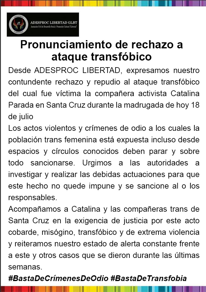 ADESPROC's tweet photo. Compartimos el pronunciamiento den rechazo al ataque transfóbico que sufrió la compañera Catalina Parada en Santa Cruz el día de hoy. 

#BastaDeCrímenesDeOdio #BastaDeTransfobia https://t.co/zKvSpH184i