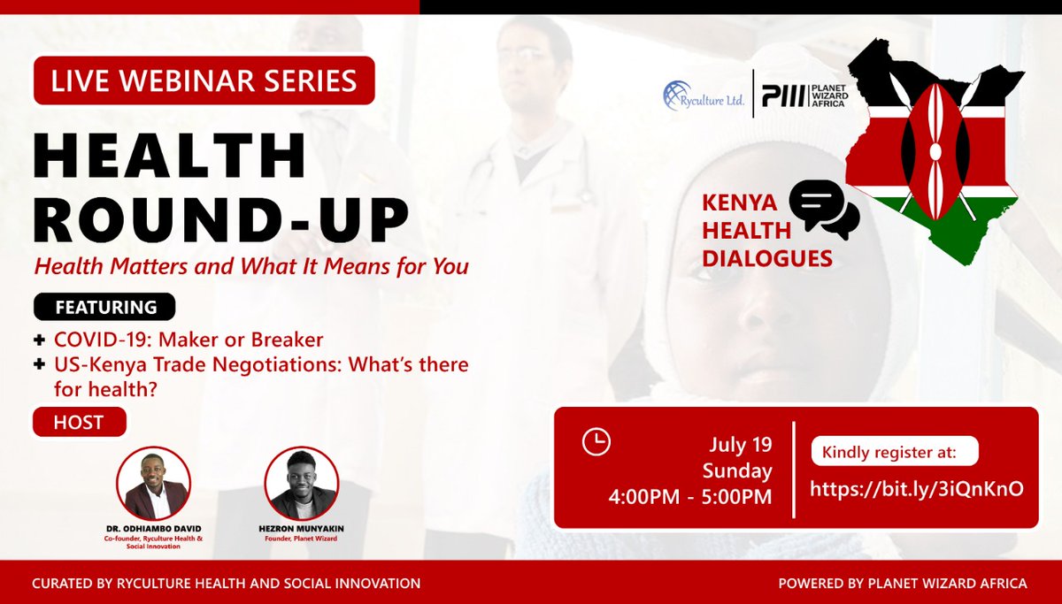 Pharmacist_01's tweet photo. #HealthRoundUp Session 2 Premiers this coming #Sunday #19thJuly where we focus on:
1. COVID-19: Maker or Breaker.
2. #US #KE #FreeTradeArea: What's in it for health?
Join us for this and more.
Register: https://t.co/GVsnKIrAqR
|@RycultureHealth @planet_wizard @kephsa https://t.co/UTShxD7Doq