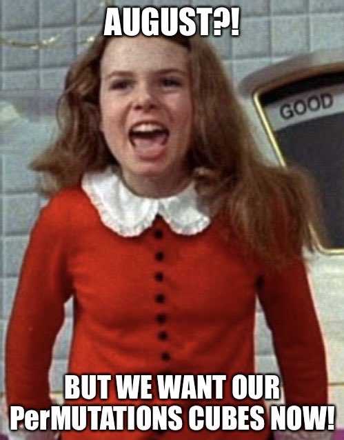 PermutationGame's tweet image. We now have reason to believe that we may not receive our shipment of blank cubes until August. International shipping is a pain, but we’re waiting patiently…
#permutationsgame #tabletop #gamedev #verucasalt #willywonka #memes