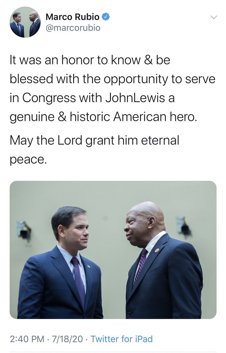 joncoopertweets's tweet photo. You can try deleting it, @marcorubio, but the internet is forever. We all know that your racist eyes couldn’t tell the difference between #ElijahCummings and #JohnLewis. https://t.co/L2U6ytftTv