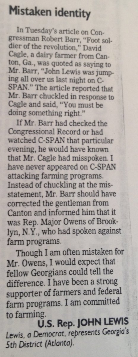 One more nugget from the mid-‘90s: before John Lewis was being confused with Elijah Cummings he was being mistaken for Major Owens. (This is a 1995 letter to the  @ajc.)