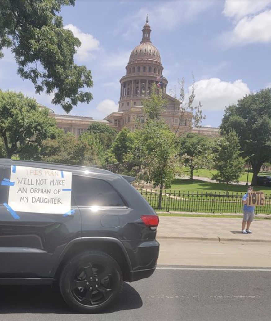 OpenSafe_TX's tweet photo. This man will not make an orphan of his daughter.

#istandwithteachers #teachersareworthmore #opentexasschoolssafely 
#texasteachersaretalking https://t.co/ArxaHIbdMA