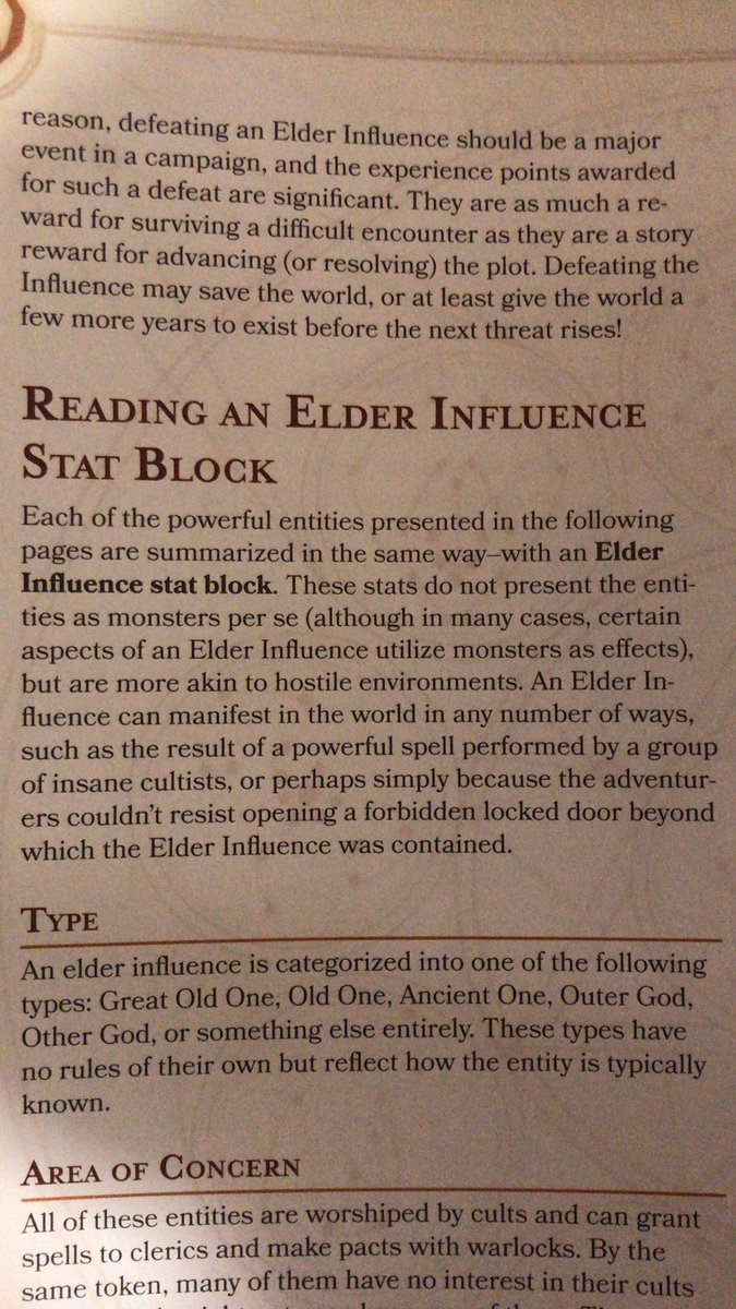 So the Elder Influences are meant to be treated as hostile environents, and not really as monsters. Interesting. This could probably be yanked for other dnd stuff.