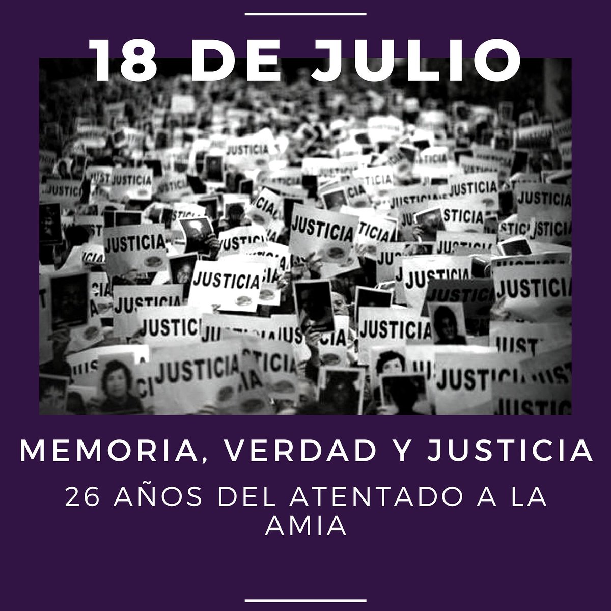 FranjaUnla's tweet photo. 26 AÑOS DEL ATENTADO A LA AMIA⁣
⁣
Hace 26 años ocurría el peor atentado terrorista de nuestra historia.⁣
⁣
Hoy, como todos estos años, seguimos pidiendo por memoria, verdad y justicia.⁣
⁣
#AMIA26Años⁣
#MemoriaVerdadYJusticia https://t.co/E1fq40BVCK