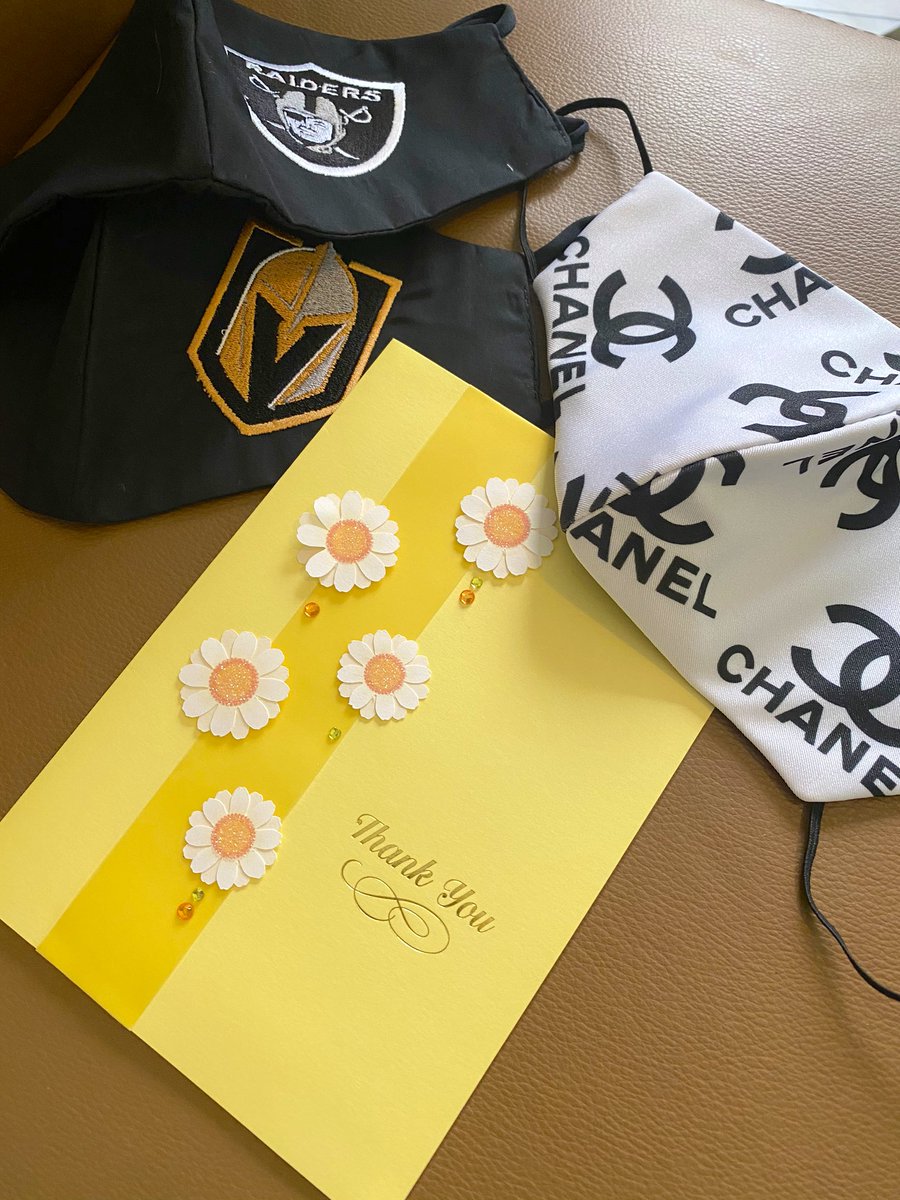 jenpbradley's tweet photo. A mask for all occasions! Thank you to the @LVFC_NV #MaskTaskForce! Love! #Chanel @Raiders @GoldenKnights #MaskUp4Nevada https://t.co/lf9Pw2cppD