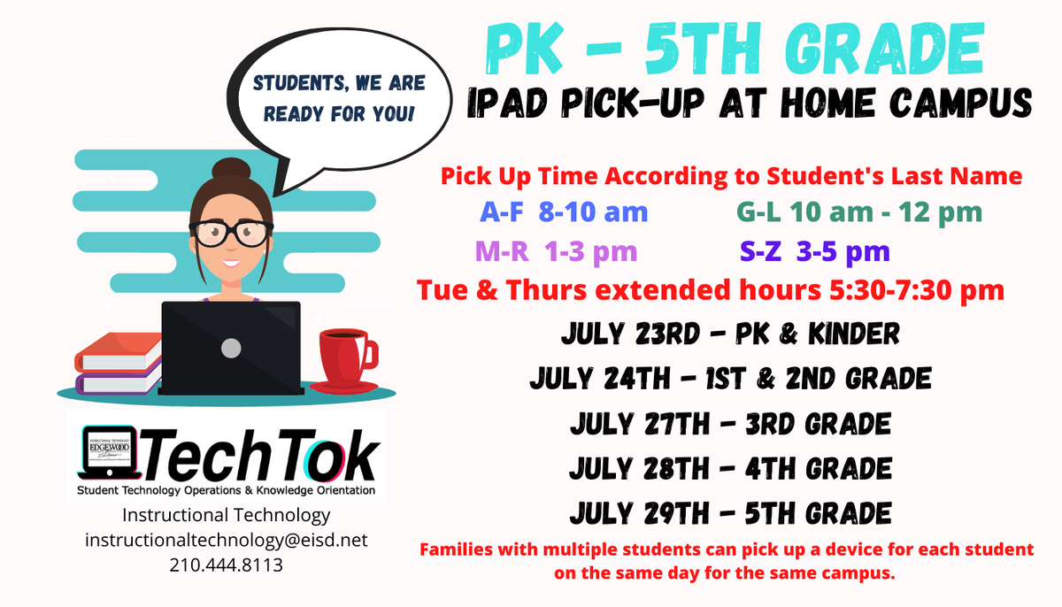 EISDofSA's tweet photo. 🎉Happy Saturday, EISD! We have great news! Our school board adopted a budget to provide personal tech devices to all EISD students in the 2020-2021 school year! 📆 Starting Thursday, July 23, 2020, we will begin offering curbside iPad pick-up for Pre-K – 5th grade students. https://t.co/nlzdUI6jJ7