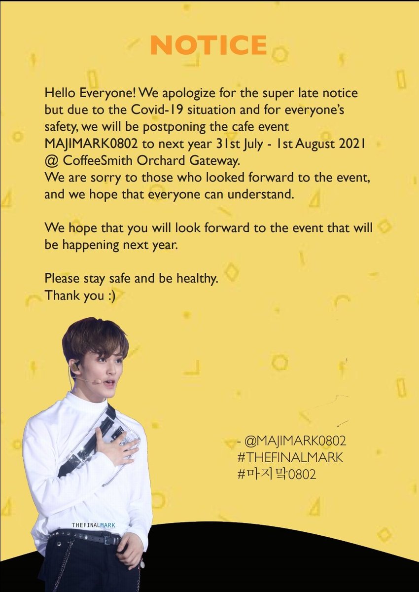 MAJIMARK0802's tweet photo. 🚨
[NOTICE]

In view of the current situation, our team has decided to postpone the event until next year.

Details are in the notice below.

Once again, we would like to apologize for the late notice. 😔

#THEFINALMARK #마지맠0802 #NCT127 #MARK #이마크 https://t.co/emB17B6bkH