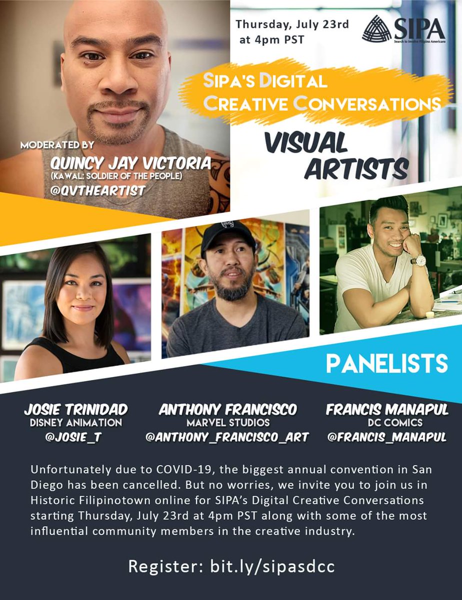 Art_AF_'s tweet photo. Join me next week !
Register: https://t.co/iyutrFjSN3
Moderated By:
Quincy Jay Victoria (Kawal: Soldier of the People)
Panelists:
Josie Trinidad (Disney Animation)
Anthony Francisco (Marvel Studios)
Francis Manapul (DC Comics)
#sipacares #dearjohn #historicfilipinotown #hifi https://t.co/IuKtiaqtOU