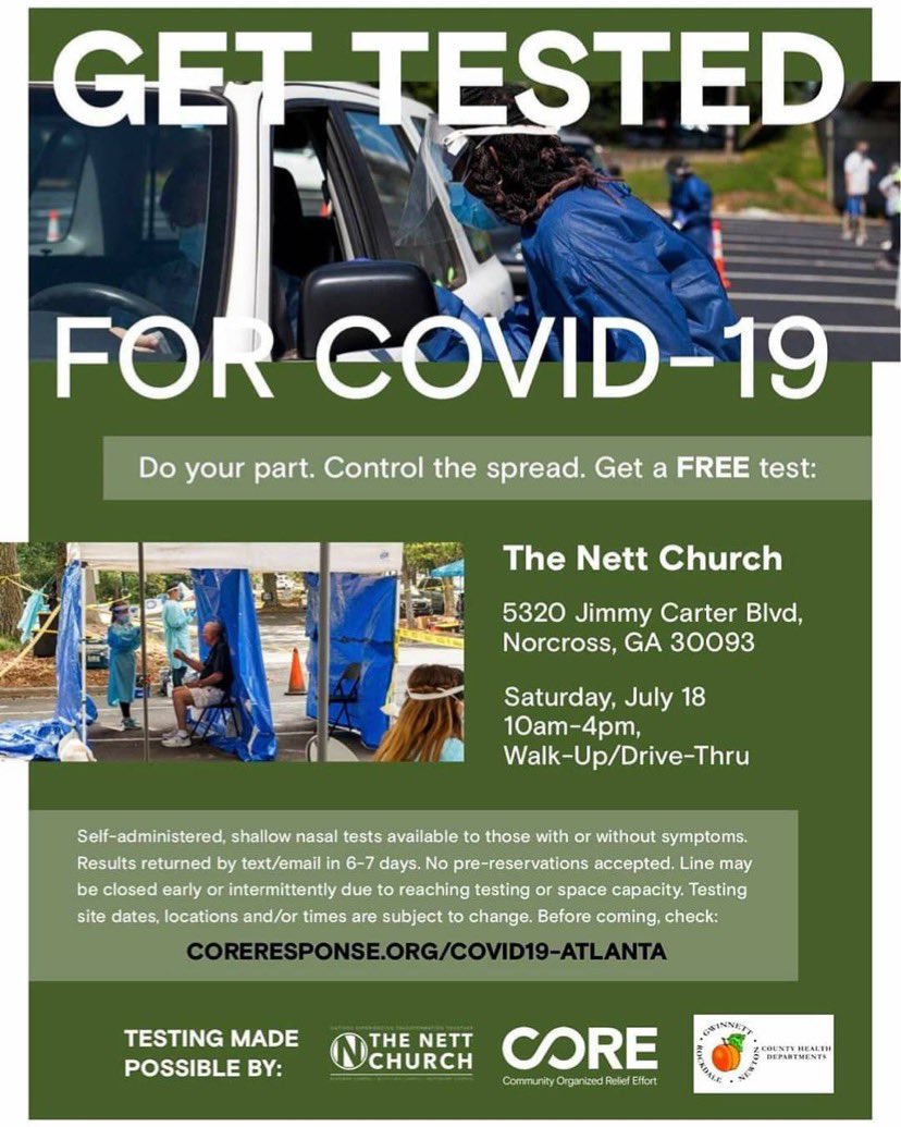 unityofus's tweet photo. Repost from @jorgeforga
•
This Saturday from 10am to 4pm

Free Covid-19 Testing in Gwinnett at The Nett Church. 

Thank you Gwinnett, Newton, &amp; Rockdale County Health Departments and CORE for your partnership to address the health of our community. https://t.co/xUbnwHdzkD