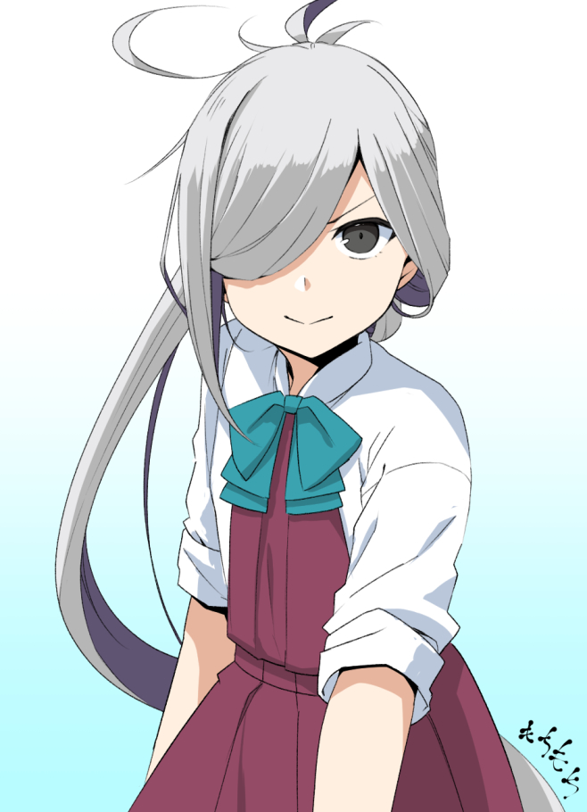 asashimo (kancolle) 1girl solo hair over one eye grey hair ponytail long hair ahoge  illustration images