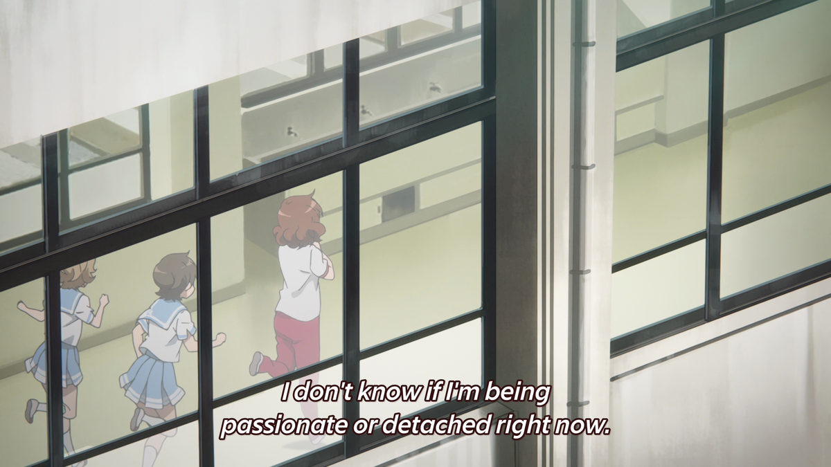 The window imagery shows how Kumiko feels trapped since she doesn't know whether she's being passionate or just detached. This is also shown when she's practicing by the river as the pressure in her mind builds and she's scrunched between a tree and her instrument case.