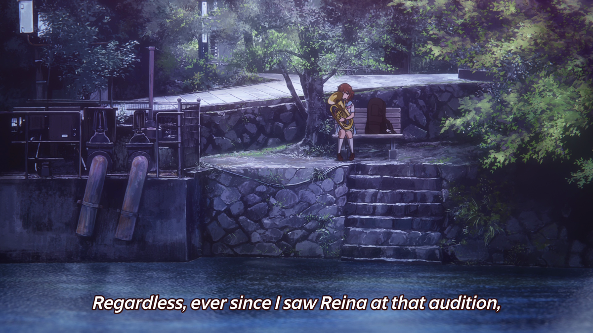 The window imagery shows how Kumiko feels trapped since she doesn't know whether she's being passionate or just detached. This is also shown when she's practicing by the river as the pressure in her mind builds and she's scrunched between a tree and her instrument case.