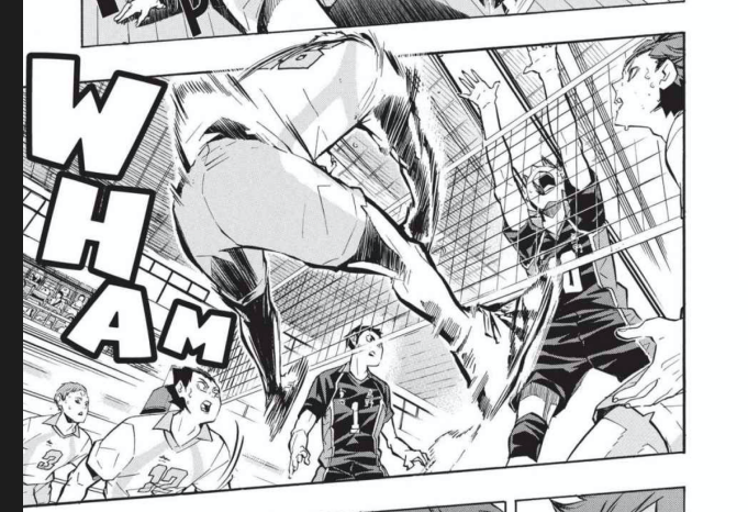Downward slant to the left to highlight that Hinata's up in the air while Makki and Kindaichi are on the ground (you get the idea). Mad Dog is drawn with much thicker lines here to show the force going into his spike.