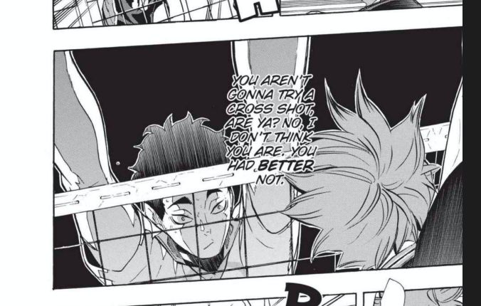 Slanted panels to simulate vertical dynamism. For example, downward slant to the left to simulate how Hinata's at a higher point than Mattsun.