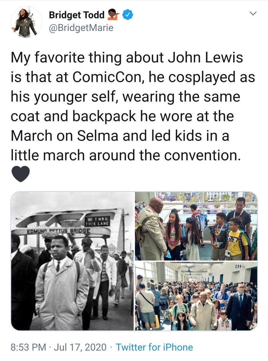 John was deeply committed to inspiring a new generation of activists. He wrote multiple graphic novels to convey the teachings of the black-led Freedom movement to younger people, and attended comic cons wearing the iconic rain jacket and backpack he was wearing in Selma.