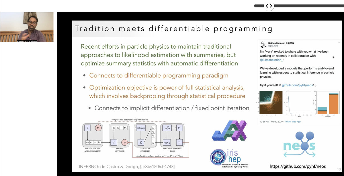 KyleCranmer's tweet image. A shoutout to Jax, pyhf, and neos in my talk at ICML on likelihoods #DifferentiableProgramming
@iris_hep @lukasheinrich_ @phi_nate @lukasheinrich_ @kratsg