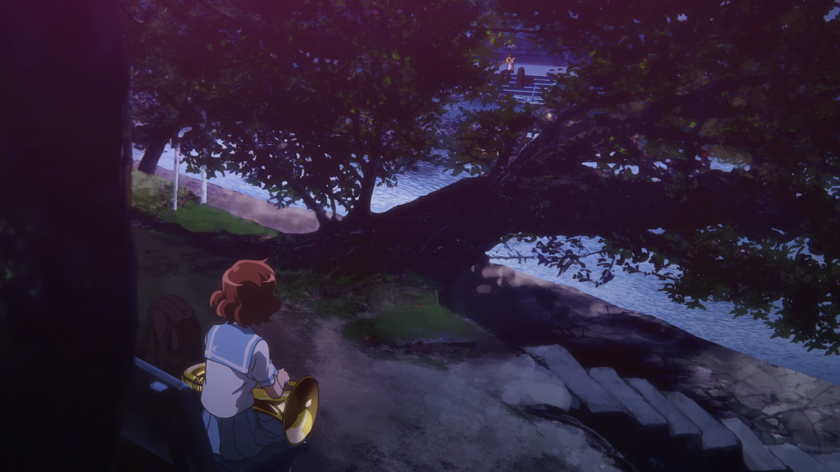 The choice of blues is astounding and only amplifies the melancholic mood. There's also the placement of the tree which creates a roof over Kumiko, a roof that Kumiko is trying hard to reach beyond with her skills. This is similar to the grass imagery from before.