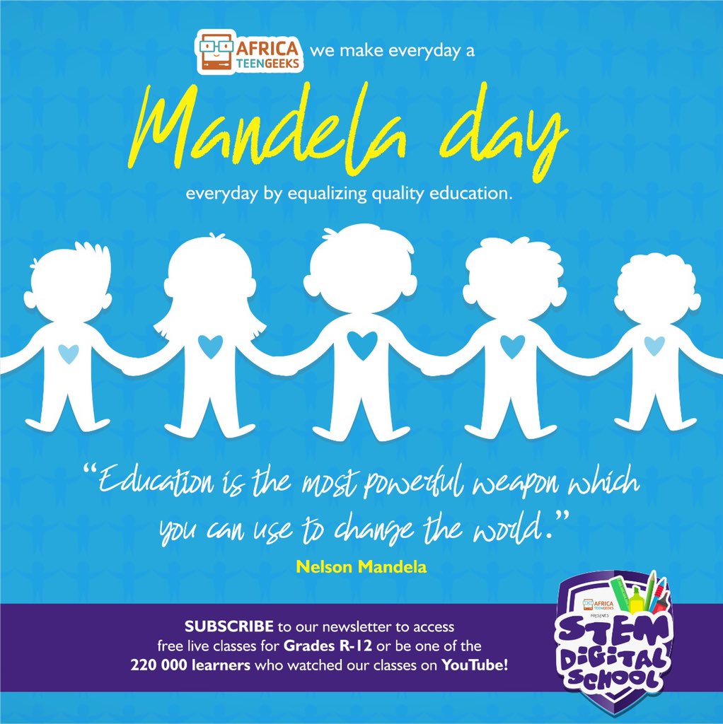 africateengeeks's tweet photo. At #AfricaTeenGeeks we make everyday a #Mandeladay. Our mission is to equalize quality #education for every learner. Our #STEMDigitalschool continues to provide free LIVE lessons to Grade R-12 learners countrywide. #Coding #Qualityeducation #GirlGeek #Girlswhocode #67minutes https://t.co/rr632nW7RU