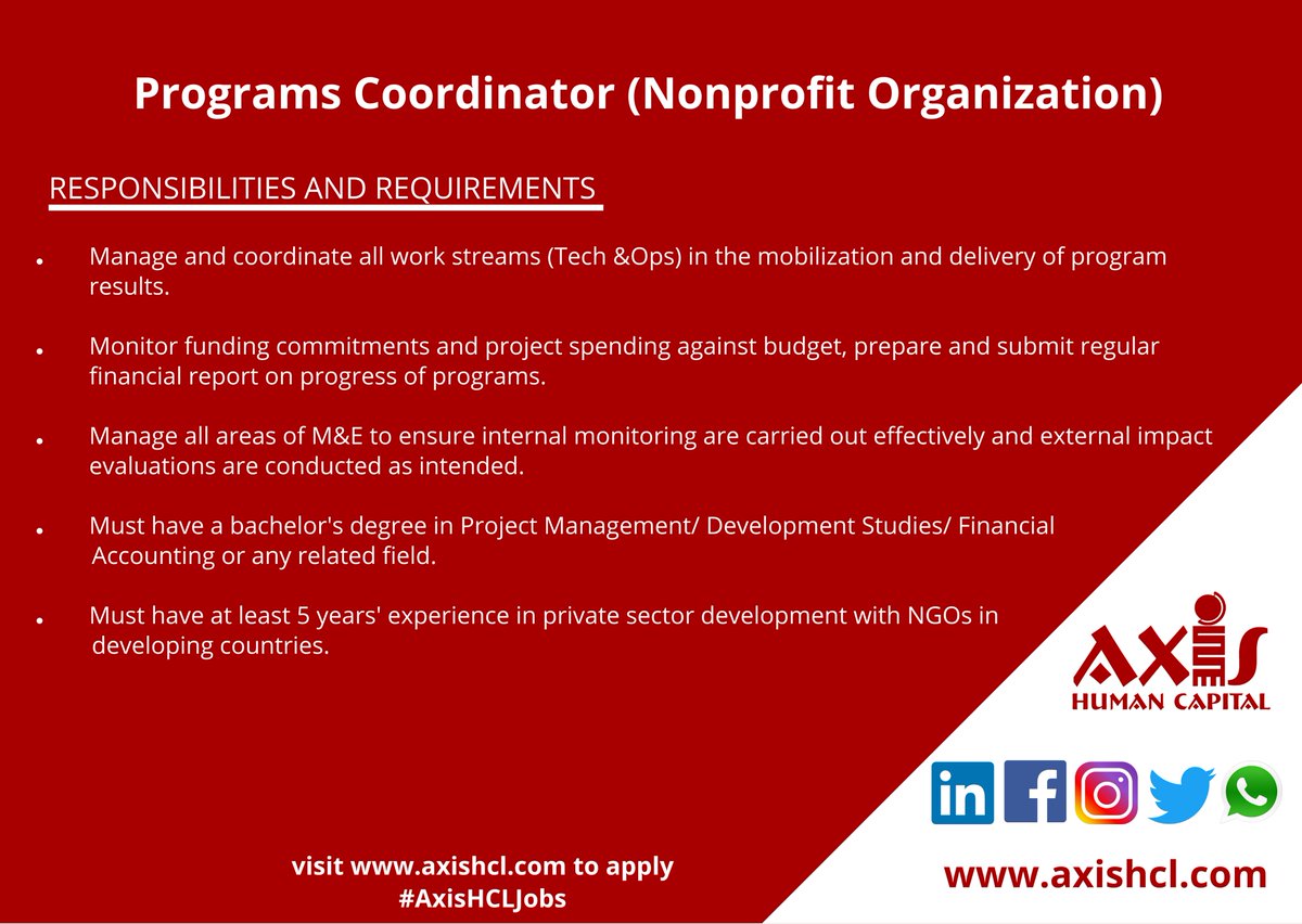Axis Human Capital On Twitter: "Role: Programs Coordinator (Ngo) Visit  Https://T.co/Gwmxybnygm To Apply #Axishhcljobs Https://T.co/Opvmoq0Juj" /  Twitter