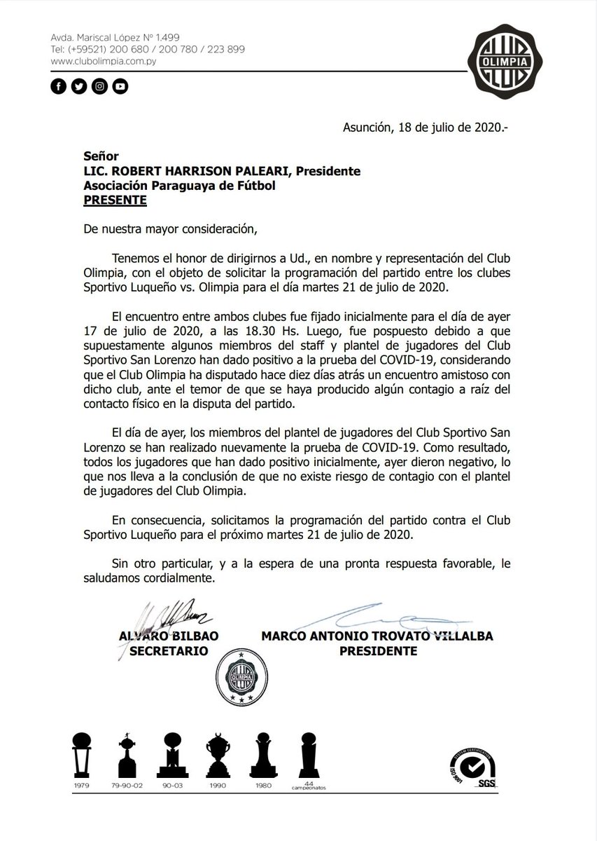franjeado's tweet photo. Olimpia solicitó a la APF la reprogramación de su partido contra Luqueño para el martes https://t.co/hPjpxX7Vzh