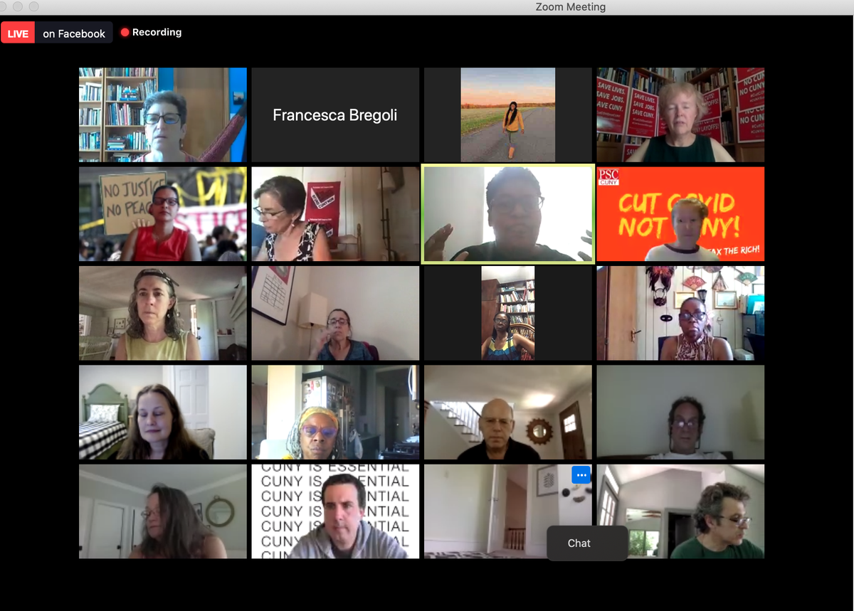bregolage's tweet photo. 680+ @PSC_CUNY folks on Zoom for  Caravans Through CUNY Communities. W/COVID we can’t all be in the streets, but we’re all in the fight to save @CUNY! @ChancellorCUNY, rehire our 2900 laid-off colleagues! Keep workers &amp; students safe &amp; healthy. #CUNYSummerofStruggle https://t.co/1I5XoIoAbS