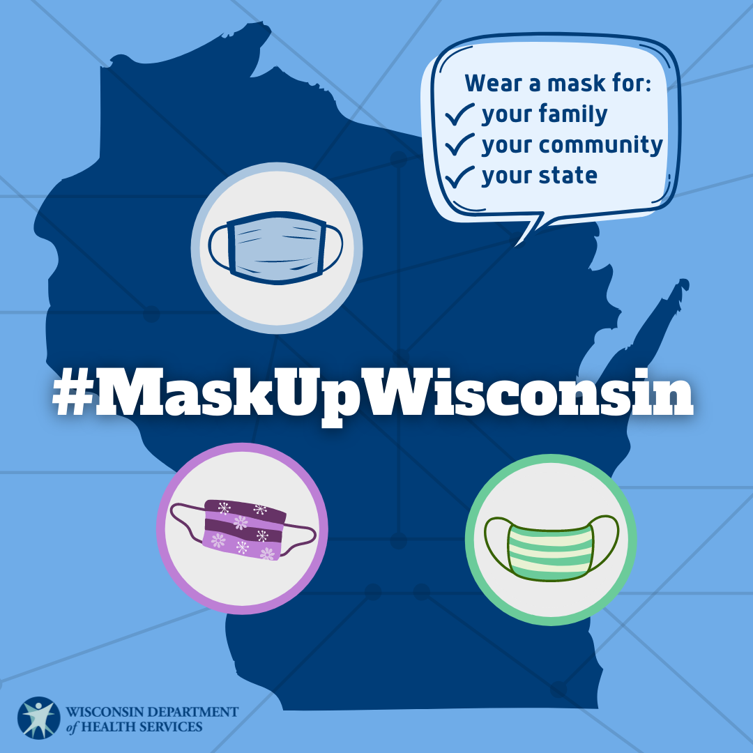 DHSWI's tweet photo. As businesses, schools &amp; more begin to reopen, #DHSWI urges you to take precautions to protect your communities. We know wearing a mask or cloth face covering is one of our best defenses against community spread of #COVID19. Please #MaskUpWisconsin: https://t.co/7piisnvNSp https://t.co/QVToi5MAdv