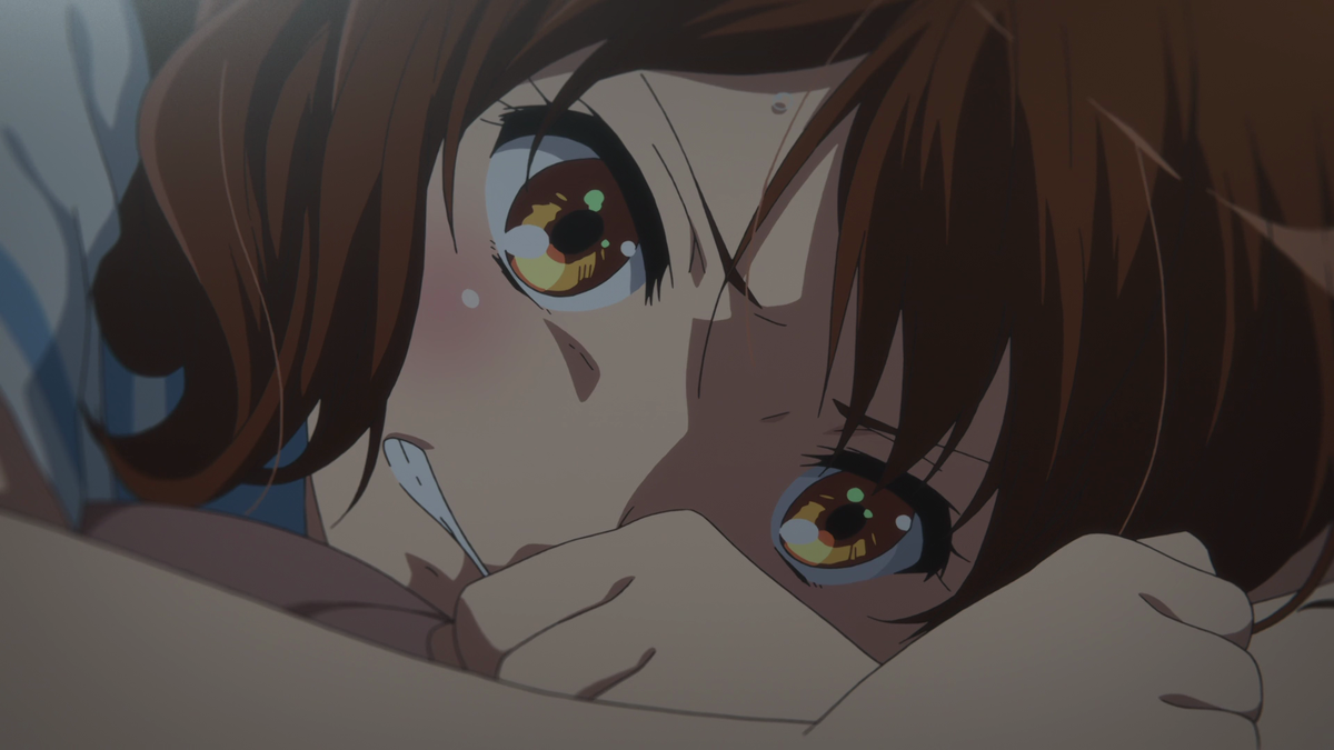 While at home, Kumiko grows increasingly frustrated which is amplified by the close-up shot. There's also the low shot angled up at Kumiko, with Kumiko being confined by a table and bed, showing how Kumiko feels more empowered at this moment despite the boundaries.