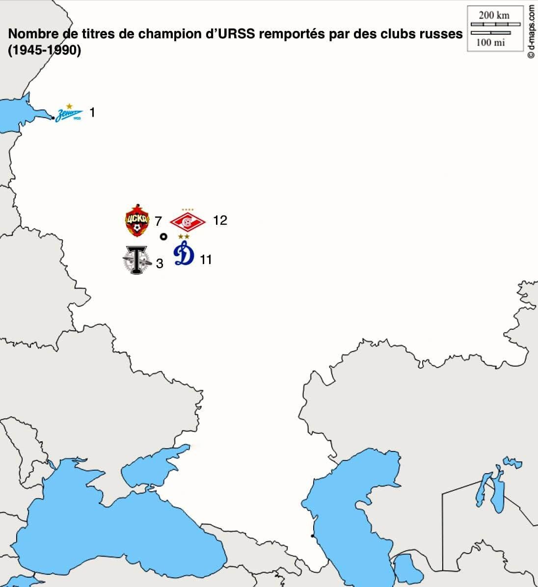  Russie :En URSS (1945-1990) :Titres remportés par des clubs de capitales de RSS : 50/54 (93%)Par des clubs de Moscou : 33/54 (61%)Part des clubs de Moscou dans les titres remportés par la RSS de Russie : 33/34, soit 97%. Seul le Zénith a remporté un titre dans les 80s