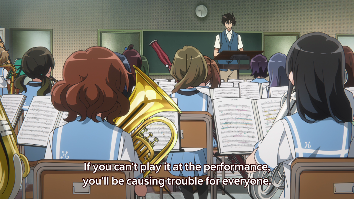 The sweat here is great because it only furthermore shows the audience Kumiko's fiery passion and determination. There's also the window shot which, once again, reinforces that good ol' box imagery!